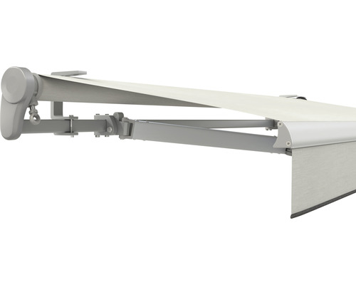 SOLUNA Gelenkarmmarkise Trend 3x2 Stoff Dessin U190 Gestell E6EV1 silber eloxiert Antrieb links inkl. Motor, Wandschalter,Nothandkurbel, Sonnen und Windwächter Detailansicht einer Markise mit Gelenkarmen