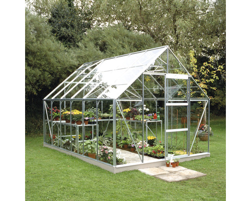 Gewächshaus Halls Universal 128 Blankglas 3 mm 257 x 384 cm inkl. Fundament silber Gewächshaus mit Pflanzen auf Rasen