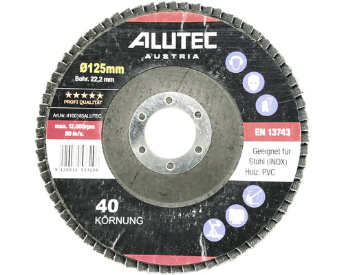 Alutec Fächerscheibe, 125 mm Durchmesser, 40er Körnung, geeignet für Stahl, Holz und PVC