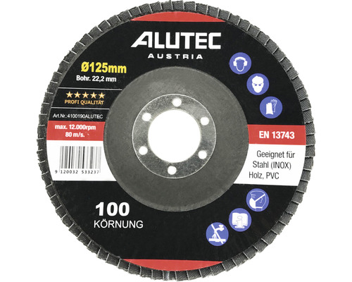 Alutec Fächerscheibe mit 125 Millimeter Durchmesser und 100er Körnung zum Schleifen von Stahl, Holz und PVC