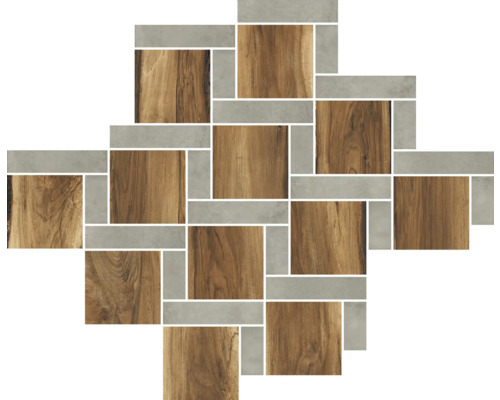 Feinsteinzeugmosaik Sherwood square mahogany 28x31 cm Muster aus Holzdekor- und Zementfliesen