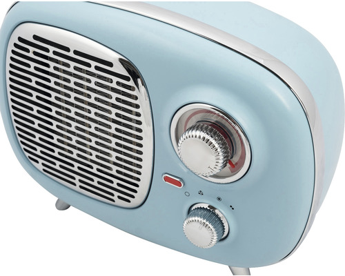 Blauer Heizlüfter im Retrodesign mit Drehreglern