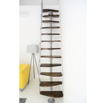 Raumansicht einer Spindeltreppe mit Holzstufen und einem Metallgeländer.