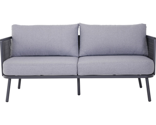 Grauer Gartensessel für zwei Personen mit zwei Kissen.