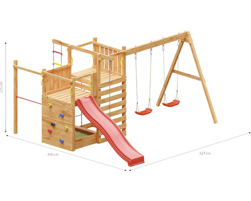 Holzspielplatz mit Rutsche, Kletterwand, Schaukel und Sandkasten