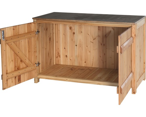 Gartenschrank/Outdoorküche Typ 453 Sidebord inkl. 2 Türen 120x77x58 cm Douglasie Holzschrank mit geöffneten Türen für den Außenbereich