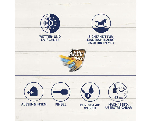 Wetterschutz und UV-Schutz, Sicherheit für Kinderspielzeug nach DIN EN 71-3, geeignet für Außen und Innen, Pinsel, Reinigung mit Wasser, nach zwölf Stunden überstreichbar.