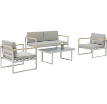 Gartenmöbelset mit Sofa, zwei Sesseln und einem Tisch mit Glasplatte