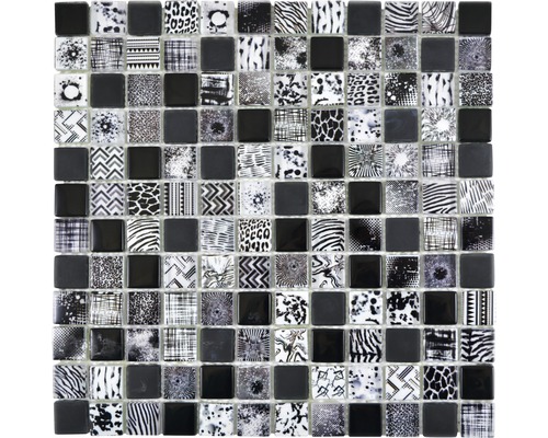 Glasmosaik Crystal Quadrat 29,8x29,8 cm schwarz mix Mosaikfliese mit Tierdruck in Schwarz und Weiß