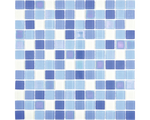 Glasmosaik Crystal Quadrat 30,0x30,0 cm fluoreszierend blau mix Mosaikfliese mit quadratischen Elementen in verschiedenen Blautönen und Weiß