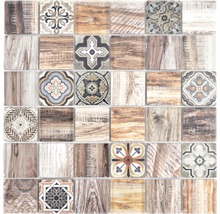 Muster aus quadratischen Fliesen mit Holzdekor und floralen Motiven