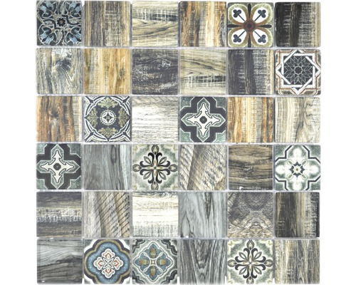 Glasmosaik Crystal Quadrat 30,0x30,0 cm grün mix Mosaikfliese mit Holzoptik und Ornamenten