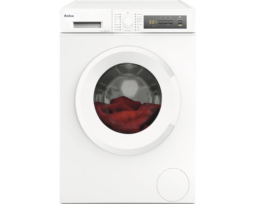 Amica Waschmaschine mit Wäsche in der Trommel.