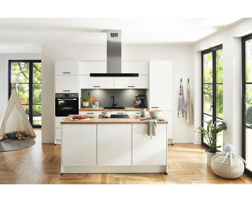 Küchenzeile Nobilia Elements Urban weiß matt 300 cm Arbeitsplatte Eiche inkl. Einbaugeräte E12 Links