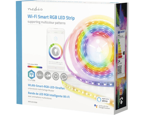 Verpackung eines Nedis WLAN Smart RGB LED Streifens zur Unterstützung mehrfarbiger Muster