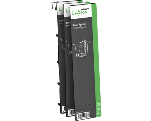 Drei Lafiora Smart System Extra Flor Pflanzkasten, 60 cm, in Produktverpackung.