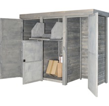 Grauer Holzgeräteschrank mit geöffneten Türen und Regalen zur Aufbewahrung