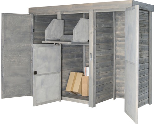 Grauer Holzgeräteschrank mit geöffneten Türen und Regalen zur Aufbewahrung