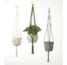 Drei hängende Pflanzenhalter aus Makramee mit verschiedenen Designs.
