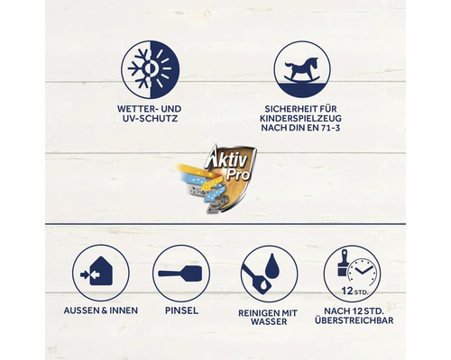 Wetterschutz und UV-Schutz, Sicherheit für Kinderspielzeug nach DIN EN 71-3, geeignet für Außen und Innen, Pinsel, Reinigung mit Wasser, nach 12 Stunden überstreichbar