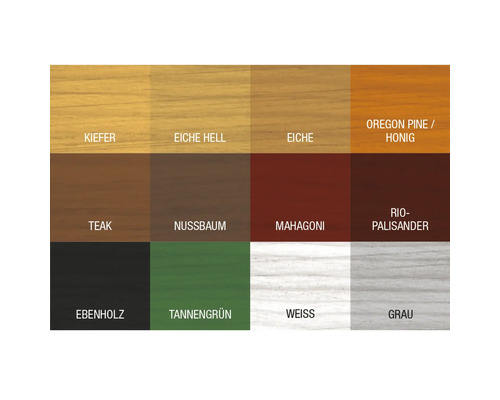 Farbmuster von Kiefer, heller Eiche, Eiche, Oregon Pine oder Honig, Teak, Nussbaum, Mahagoni, Rio-Palisander, Ebenholz, Tannengrün, Weiß und Grau