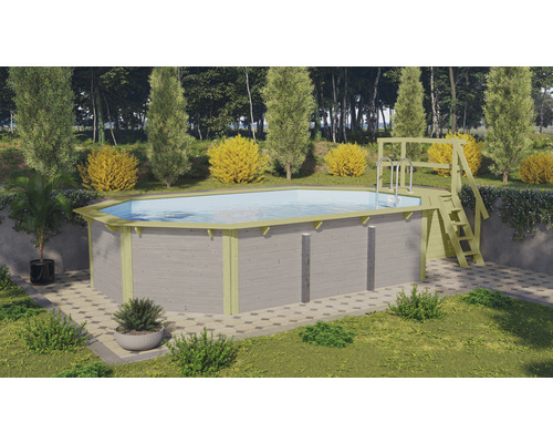 Aufstellpool mit Holzverkleidung und Leiter im Garten