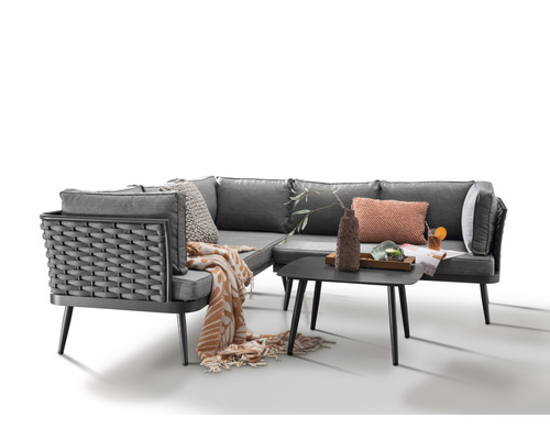 Graue Loungegruppe mit Kissen und Tisch für den Garten