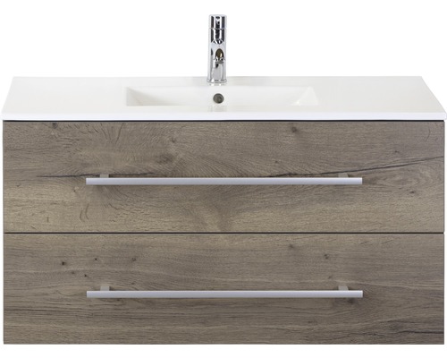 Waschbeckenunterschrank Sanox Stretto 101x52x39 cm mit Keramikwaschbecken tabacco Waschtischunterschrank mit zwei Schubladen und Aufsatzwaschbecken