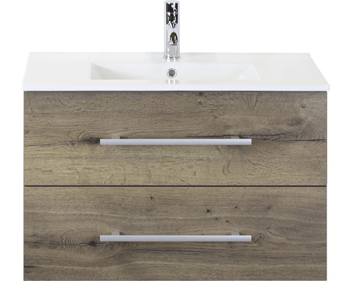 Waschbeckenunterschrank Sanox Stretto 81x52x39 cm mit Keramikwaschbecken tabacco Waschtischunterschrank mit zwei Schubladen, Aufsatzwaschbecken und Armatur