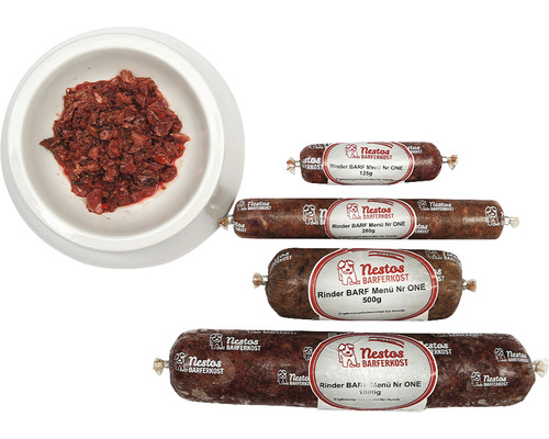 Rohfuttermittel Barf Frostfutter Nestos Rindermen 500 g Nestos Barferkost Rindermenü Nummer Eins, verschiedene Packungsgrößen und eine Schüssel