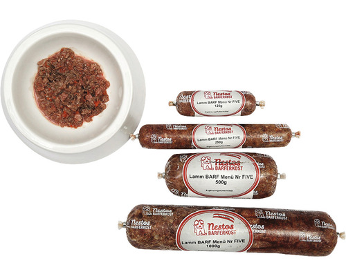 Rohfuttermittel Barf Frostfutter Nestos Lamm Menü FIVE 500g Nestos Barferkost Lamm BARF Menü Nr. Five in verschiedenen Größen und eine Schüssel mit dem zubereiteten Futter