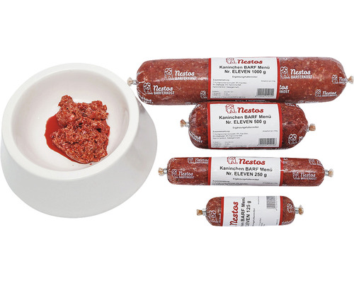 Rohfuttermittel Barf Frostfutter Nestos Kaninchen 500g Nestos Kaninchen BARF Menü Nr. ELEVEN, verschiedene Größen, mit einer Portion in einer Schüssel
