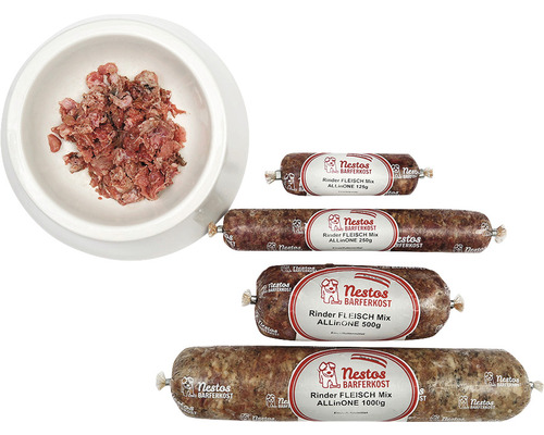Rohfuttermittel Barf Frostfutter Nestos Rinder ALLinONE 500g Nestos Barferkost Rindfleisch Mix All in One für Hunde in verschiedenen Größen und eine Schüssel mit rohem Fleisch