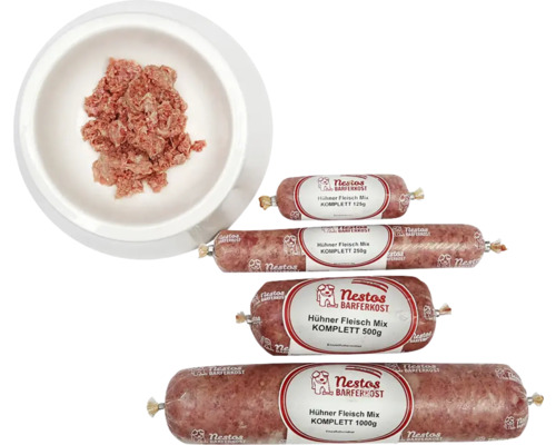 Nestos Barferkost Hühner Fleisch Mix in verschiedenen Packungsgrößen und eine Schüssel mit Hundefutter