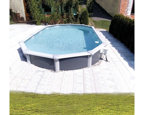 Einbaupool Stahlwandpool-Set Kwad Supreme Design 610x370x132 cm inkl. Sandfilteranlage, Skimmer, Leiter, Filtersand, Bodenschutzvlies & Anschlussschlauch grau