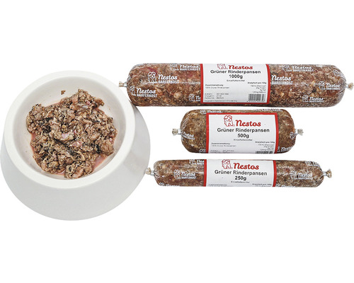Rohfuttermittel Barf Frostfutter Nestos Grüner Rinderpansen 500g Nestos Grüner Rinderpansen Hundefutter in verschiedenen Größen mit einer Portion in einer Schüssel