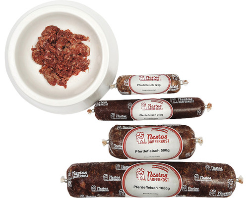 Rohfuttermittel Barf Frostfutter Nestos Pferdefleisch 500g Nestos Barferkost Pferdefleisch in verschiedenen Packungsgrößen und eine Schale mit Pferdefleisch