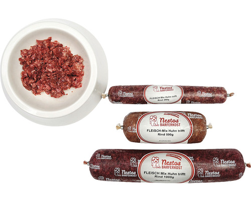 Rohfuttermittel Barf Frostfutter Mix Huhn und Rind 500 g Nestos Barferkost Fleisch-Mix Huhn trifft Rind in verschiedenen Größen und eine Schale mit diesem Mix