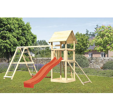 Holzspielturm mit Rutsche, Schaukel und Leiter im Garten