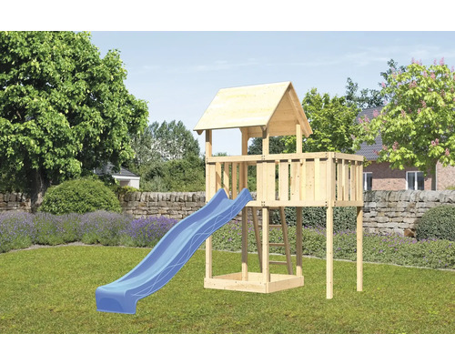 Spielturm Spielhaus Karibu Lotti 107 x 107 cm Holz bestehend aus Rutsche blau und Anbau Spielturm Spielhaus Karibu Lotti 107 x 107 cm Holz bestehend aus Rutsche blau und Anbau