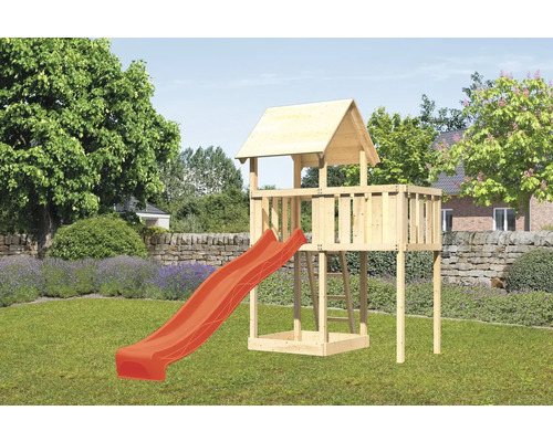 Spielturm Spielhaus Karibu Lotti 107 x 107 cm Holz bestehend aus Rutsche rot und Anbau Spielturm aus Holz mit Rutsche im Garten