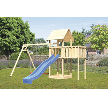 Spielplatz mit Schaukel, Rutsche und Turm aus Holz im Garten.