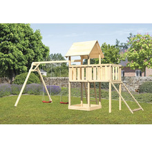 Spielturm aus Holz mit Schaukel, Rutsche und Kletterleiter im Garten