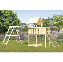 Spielplatz mit Schaukel, Kletterwand, Spielturm und Rutsche aus Holz im Garten
