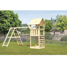 Holzspielplatz mit Schaukel, Kletterwand und Turm im Garten.