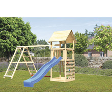 Spielplatz mit Schaukel, Rutsche, Kletterwand und Turm aus Holz im Garten