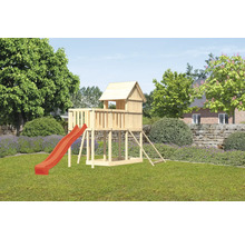 Holzspielhaus mit Rutsche im Garten