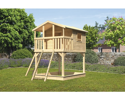 Spielturm Spielhaus Karibu Benjamin 198 x 244 cm Holz bestehend aus Netzrampe Holzspielhaus mit Sandkasten, Leiter und Netz im Garten