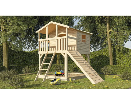 Spielturm Spielhaus Karibu Benjamin 198 x 244 cm Holz bestehend aus Holzrampe Spielhaus aus Holz mit Rutsche und Leiter im Garten