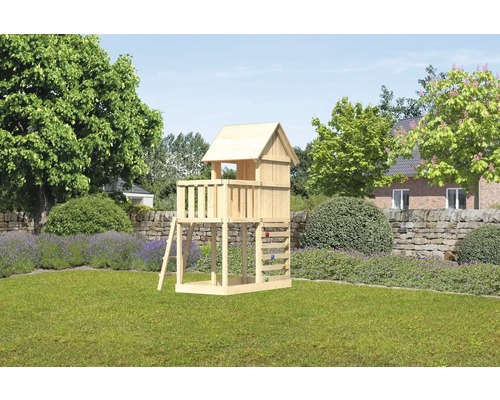 Spielturm Spielhaus Karibu Frieda 107 x 107 cm Holz bestehend aus Kletterwand Spielturm aus Holz im Garten mit Leiter und Kletterwand